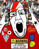 album_cover badge clothes david_bowie face_paint glasses hand hands_up music open_mouth soyjak stubble tattoo teeth text variant:ppp // 1000x1233 // 1000.4KB