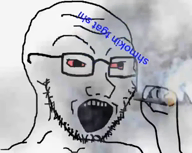 animated bloodshot_eyes capcut glasses hand holding_object open_mouth smoke sound soyjak stubble teeth text variant:soyak weed // 600x480, 6s // 464.8KB