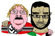 2soyjaks beard brown_skin chud_troon_alliance closed_mouth ear flag friendship glasses hair mustache nazi_germany palestine palestinian pink_skin smile soyjak stubble subvariant:chudjak_front total_kike_destruction variant:bernd variant:chudjak // 834x541 // 213.5KB