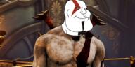 Warrior-Z(user) artist:satoko_fans_arent_white aryan batman batman_(series) beard blue_eyes buff goatee god_of_war hello_my_name_is_(sticker) iraq kratos norway series:keep_raging_on_them shahada smile soyjak subvariant:mexiaryan variant:meximutt video_game // 2000x1000 // 2.0MB