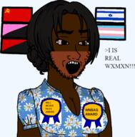 award black_skin bloodshot_eyes flag:anarcho-communism flag:israel flag:soviet_union flag:transgender_pride_flag hair open_mouth tranny variant:soyak // 663x672 // 270.9KB