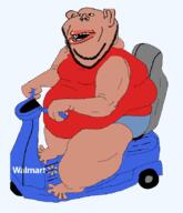 amerimutt animated arm belly black_sclera blue_pants breasts brown_skin clothes driving ear fat foot full_body hand leg lips mcdonalds mobility_scooter mutt open_mouth red_shirt scooter sleeveless_shirt soyjak stubble subvariant:impish_amerimutt variant:impish_soyak_ears walmart wheel // 735x853 // 172.8KB