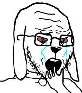 animal bloodshot_eyes crying dog ear glasses hand necklace open_mouth redraw soyjak stubble subvariant:crying_soyak_ears2 variant:soyak // 708x800 // 32.0KB