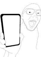 arm glasses hand holding_object holding_phone open_mouth phone soyjak stubble variant:phoneboy // 759x1063 // 106.7KB