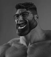 beard black_and_white buff ear gigachad glasses hair monochrome open_mouth soy_parody // 912x1024 // 407.0KB