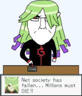 angry arm button capcom clothes ear glasses gospel_leader_(mega_man) green_hair hair hand internet long_hair mega_man mega_man_battle_network millions_must_die no_mouth red_eyes soyjak subvariant:pol_face text the_west_has_fallen variant:chudjak video_game // 1440x1688 // 50.6KB