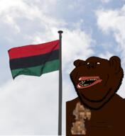 amerimutt arm black_skin dirt ear flag hand holding_object irl_background minecraft pan_african soyjak stubble subvariant:impish_amerimutt variant:impish_soyak_ears video_game yellow_sclera yellow_teeth // 701x765 // 538.2KB