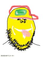 animated cap clothes fal_quality hat japanese_text poyopoyo smile sneed soyjak stubble subvariant:danish_twist text tongue urouro variant:gapejak yellow_skin // 300x400 // 983.7KB