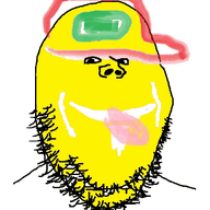 animated cap clothes fal_quality hat japanese_text poyopoyo smile sneed soyjak stubble subvariant:danish_twist text tongue urouro variant:gapejak yellow_skin // 300x400 // 983.7KB