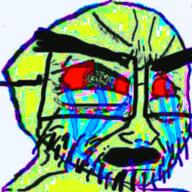 animated bloodshot_eyes colorful crying deformed distorted glasses open_mouth soyjak stretched_mouth stubble text variant:soyak // 599x765 // 318.1KB
