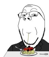1_soyjak clothes eating food fork happy meatball meatballs meta:tagme pasta plate sauce spaghetti spoon subvariant:wholesome_soyjak suit table variant:gapejak // 457x527 // 78.3KB