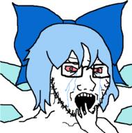 anime arm bloodshot_eyes blue_hair bowtie cirno crying female glasses hair hand open_mouth soyjak stubble touhou variant:soyak video_game wing // 914x926 // 34.8KB