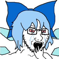 anime arm bloodshot_eyes blue_hair bowtie cirno crying female glasses hair hand open_mouth soyjak stubble subvariant:crying_soyak_ears2 touhou variant:soyak video_game wing // 914x926 // 34.8KB