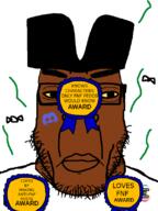 award black_skin brown_skin closed_mouth discord discord_logo_facial_mark facial_mark fnf_pedo glasses juaco_(user) multiple_awards soyjak stink_lines stinky stubble subvariant:chudplier variant:markiplier_soyjak white_shirt yellow_sclera // 600x800 // 93.5KB