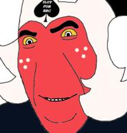 bbc brc cartoon closed_mouth demon freckles helluva_boss imp moxxie_(helluva_boss) red_skin smile soyjak spade spindlehorse_toons stubble variant:cobson vivziepop white_hair yellow_eyes yellow_sclera // 676x707 // 73.6KB