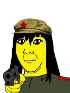 cap closed_mouth clothes communism firearm gun hair hand hat holding_gun holding_object holding_pistol long_hair pistol pointing pointing_at_viewer soyjak star subvariant:commiepedotroon uniform variant:kuzjak yellow_skin // 809x1080 // 149.6KB