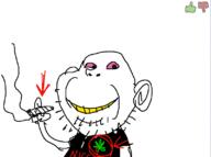 arm bloodshot_eyes clothes ear hand holding_object i_love redraw skribbl_io smile soyjak stubble text tshirt variant:impish_soyak_ears weed yellow_teeth // 960x716 // 19.6KB