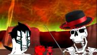 4soyjaks chud closed_mouth clothes demi-fiend demon demon_horns ear hair hat horn looking_at_each_other matador megami_tensei red_skin shin_megami_tensei skeleton skull soyjak sword variant:chudjak variant:cobson variant:dogjak variant:impish_soyak_ears video_game yellow_eyes // 2557x1441 // 2.8MB