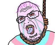 anhero balding chud_(boorufag) chud_(soybooru) flag:transgender_pride_flag glasses hanging meta:op_took_a_selfie_of_xerself noose open_mouth pink_skin purple_hair red_eyes soyjak stubble tongue tranny troon variant:shotjak yellow_teeth // 417x339 // 67.0KB