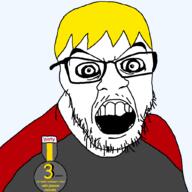 3 angry award badge clothes crazed hair nate open_mouth series:remastered_soyjaks sharty soyjak soyjak_party stubble template variant:feraljak yellow_hair // 1025x1025 // 32.7KB