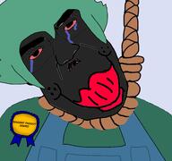 award background basil_(omori) black_skin bloodshot_eyes closed_mouth clothes crying dead green_hair green_shirt hair hanging jartycuck nigger omori rope smile subvariant:chudjak_front variant:chudjak // 1920x1798 // 815.0KB