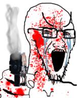 blood bloodshot_eyes crying firearm glasses gun hand holding_gun holding_object holding_pistol open_mouth pistol smoke soyjak stretched_mouth stubble thumbnail_(file) variant:soyak weapon // 200x255 // 69.6KB