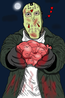 artist:dunchenman blood blue_background glove green_shirt heart holding_heart jason_voorhees looking_at_you mask moon shading shadow variant:markiplier_soyjak white_skin // 1024x1536 // 465.3KB