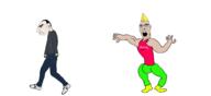 2soyjaks blue_eyes chad clothes full_body headphones open_mouth side_profile tshirt variant:chudjak variant:cobson virgin virgin_vs_chad yellow_hair // 2608x1200 // 318.6KB