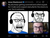 angry clothes glasses hair headphones irl open_mouth self_portrait selfjakking soyjak stubble text twitter variant:stantonson // 1080x829 // 157.6KB
