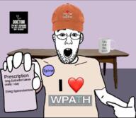 background clothes estradiol estrogen glasses hat heart holding_object holding_paper looking_at_you mug open_mouth pointing poster soyjak spironolactone stubble table text variant:shirtjak // 828x720 // 449.1KB
