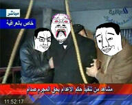 arabic_text distorted execution eyebrows glasses hair iraq irl_background mustache pink_eyes purple_hair rope saddam_hussein scared smile smug soyjak teeth_showing tranny variant:bernd variant:chudjak // 1125x894 // 223.3KB