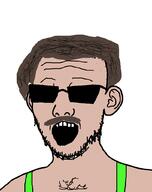 borat brown_hair brown_mustache chest_hair clothes ear glasses mustache open_mouth soyjak stubble sunglasses variant:kuzjak white_skin // 810x1024 // 67.3KB