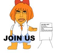 angry anti_ongezellig board bowtie closed_mouth clothes freckles full_body glasses hand join_us mymy_(ongezellig) necktie ongezellig orange_hair orange_skin skirt soyjak subvariant:chudjak_front text variant:chudjak // 1932x1756 // 229.1KB