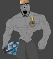 2soyjaks angry arm badge buff burger_king clothes crown full_body gem gigachad glasses grey hand hat holding_gem holding_object leg open_mouth soot_colors soyjak soyjak_party stubble variant:cobson variant:impish_soyak_ears // 859x960 // 370.3KB