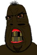 balding black_skin bloodshot_eyes brown_eyes closed_mouth eyebags glasses hair rotting_teeth soyjak stubble subvariant:hairson tired variant:cobson wide_nose wrinkles // 716x1046 // 44.0KB