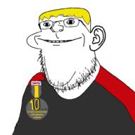 blond clothes ear glasses medal nate smile soot_colors soyjak_party stubble text tshirt variant:niggerpoop // 1000x1000 // 124.8KB