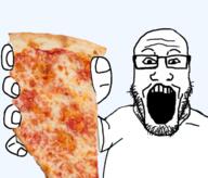 arm clothes glasses hand holding_object open_mouth pizza soyjak stubble variant:markiplier_soyjak // 695x593 // 442.5KB