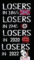 1865 1945 2020 2022 bloodshot_eyes clothes confederate crying donald_trump flag flag:confederate_states_of_america flag:nazi_germany glasses hair hanging losers_in maga mustache nazism noose open_mouth rope soyjak soyjak_party subvariant:patrick suicide text variant:chudjak yellow_teeth // 444x771 // 234.9KB