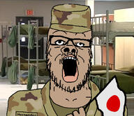 army bed brown_skin camouflage clothes flag glasses hand hat irl_background japan military open_mouth pvt_hernandez soyjak stubble uniform united_states variant:a24_slowburn_soyjak // 731x631 // 365.3KB