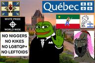 amphibian beard bowtie brown_skin calvin calvin_and_hobbes celtic_cross clothes collared_shirt flag flag:carillon_sacre_coeur flag:israel flag:patriote_le_vieux_de_37 flag:white_pride frog green_skin hand hat irl_background israel jewish_nose judaism kike kippah lgbt lips nas nas:pepe nigger pepe pepe_the_frog piss purple_hair quebec quebecois smug tranny tuxedo variant:soyak white_pride // 1495x997 // 1.2MB