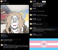 azog bandera clothes eyelashes flag glasses larp mustache purple_hair smile soyjak stubble text tranny twitter ukraine variant:bernd wig // 1156x995 // 527.4KB