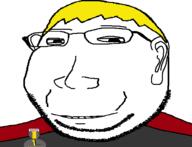 badge eyelids glasses hair nate small_eyes smile soyjak soyjak_party stubble subvariant:massjak subvariant:wholesome_soyjak text variant:gapejak yellow_hair // 600x459 // 25.1KB