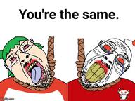 2soyjaks 4chan ack alien anime antenna bloodshot_eyes clenched_teeth clothes crying dead ear glasses green_hair hair hanging imgflip.com mustache open_mouth orange_eyes reddit redditard rope soyjak stubble suicide suicide_pact tongue tranny variant:bernd white_skin wrinkles yellow_teeth yotsoyba you're_the_same // 600x450 // 73.1KB