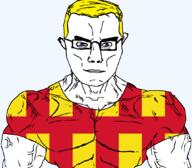 arm aryan blue_eyes british buff closed_mouth clothes ear england flag flag:northumberland_county glasses hair northumberland soyjak subvariant:chudjak_front subvariant:muscular_chud tshirt united_kingdom variant:chudjak vein yellow_hair // 1059x929 // 39.7KB