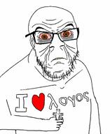 2soyjaks angry arm bloodshot_eyes brown_eyes closed_mouth ear glasses greek_text hand holding_object i_love lambda logos soyjak stubble text tired variant:feraljak variant:markiplier_soyjak yellow_teeth // 1011x1238 // 103.7KB