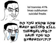 2soyjaks 41 bloodshot_eyes closed_mouth crying glasses hair looking_to_the_right open_mouth place_japan smile soyjak suicide teeth text tranny variant:chudjak // 960x750 // 274.8KB