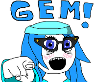 beanie blue_beanie blue_eyes blue_hair blue_shirt blush english_text gempass glasses open_mouth pointing speech_bubble text variant:soytan white_skin // 436x382 // 12.5KB