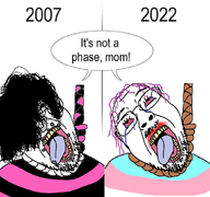 2007 2022 ack angry beard brassiere clothes crying emo_hair fads flag:transgender_pride_flag glasses gothphase purple_hair tear text tranny transgender_flag transgender_pin troon variant:bernd // 1444x1352 // 265.0KB