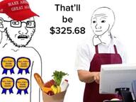 apple arm award banana bread cashier cheese donald_trump ear fell_for_it_again_award glasses groceries hair maga maga_hat make_america_great_again milk open_mouth sausage soyjak stubble subvariant:soyak_(concerned) teeth text united_states variant:soyak wojak // 959x717 // 38.4KB