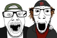 2soyjaks brown_skin cap clothes columbine dylan_klebold eric_harris friendship glasses hair hat hugging open_mouth red_shirt school_shooter smile stubble trenchcoat variant:dylanjak variant:punkjak // 2220x1480 // 99.6KB